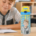 Personalised Watercolour Style Photo 12 oz Insulated Water Bottle with Name and Straw Daily Use Back to School Birthday Gift for Kids Boys Girls