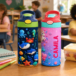Personalized Fantasy Unicorn Mermaid 12 oz Insulated Water Bottle with Name and Straw Daily Use Back to School Birthday Gift for Boys Girls Kids