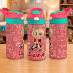 Personalized Multicolor Cartoon Character Kid Water Bottle with Name and Silicone Straw Birthday Back to School Gift for Boys Girls Kids
