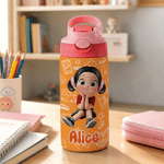 Personalized Multicolor Cartoon Character Kid Water Bottle with Name and Silicone Straw Birthday Back to School Gift for Boys Girls Kids