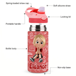 Personalized Multicolor Cartoon Character Kid Water Bottle with Name and Silicone Straw Birthday Back to School Gift for Boys Girls Kids