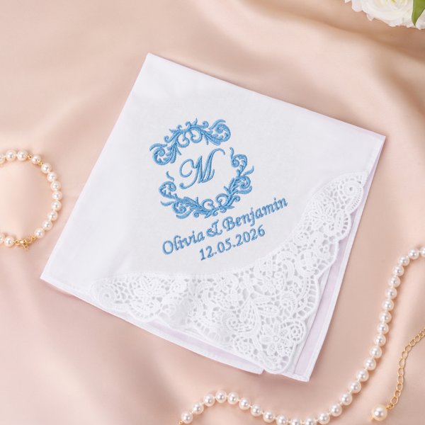 Personalised Wedding Initial Handkerchief with Embroidery Name and Date Bridal Shower Wedding Gift for Bride