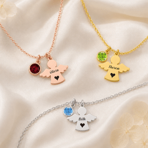 Personalized Heart Angel Birthstone Necklace with Name Memorial Jewelry Remember Anniversary Gift for Mom Grandma Woman