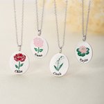 Personalized Birth Flower Circular Necklace with Engraving Name and Text Elegant Jewelry Valentine's Day Anniversary Gift for Her