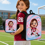 Personalized Soccer Theme 3D Cartoon Character Backpack Lunch Bag Pencil Case with Name Back to School Set of 3 Birthday Gift for Boys Girls
