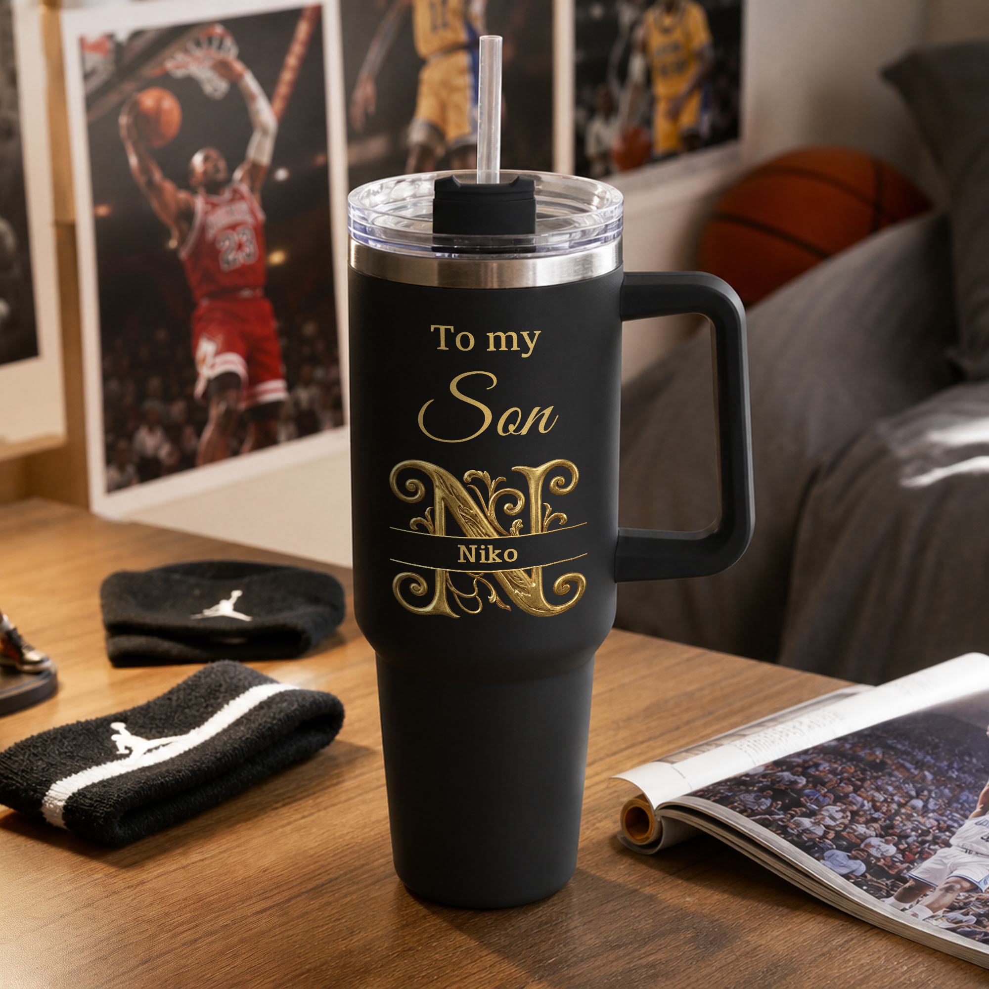 Personalisierter isolierter Trinkbecher „Love You for the Rest of Mine“ im Barock-Stil, schwarz, 40 oz, mit Henkel und Strohhalm – Geburtstagsgeschenk für Sohn oder Enkel