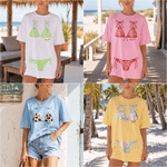 Personalised Bikini Pattern 100% Cotton Women's T-shirt with Name and Year Summer Travel Wear Beach Party Birthday Gift for Women Besties Bridesmaids