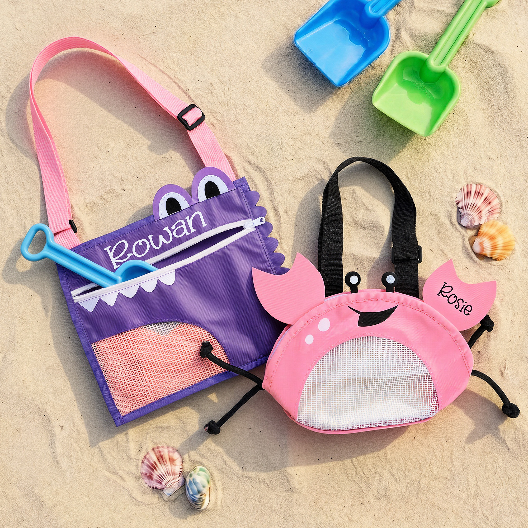 Personalisierte Strandtasche mit Krabben-, Krokodil- und Muschelmotiv, mit verstellbarem Riemen und Namensaufdruck – das perfekte Geschenk für Strandpartys, Sommerferien und Geburtstage für Kinder