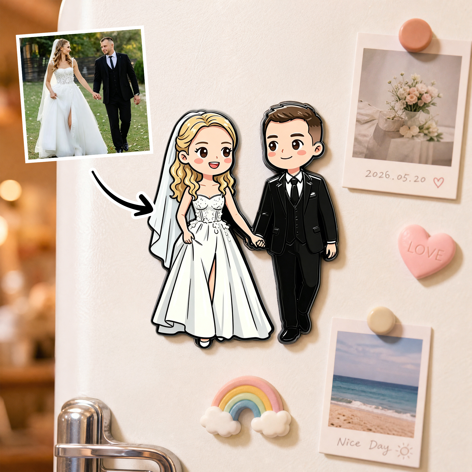 Individuell gestalteter Kühlschrankmagnet im handgezeichneten Cartoon-Stil mit Hochzeitsfoto – Geschenk zum Hochzeitstag, zur Verlobung oder zur Hochzeit für frischvermählte Paare