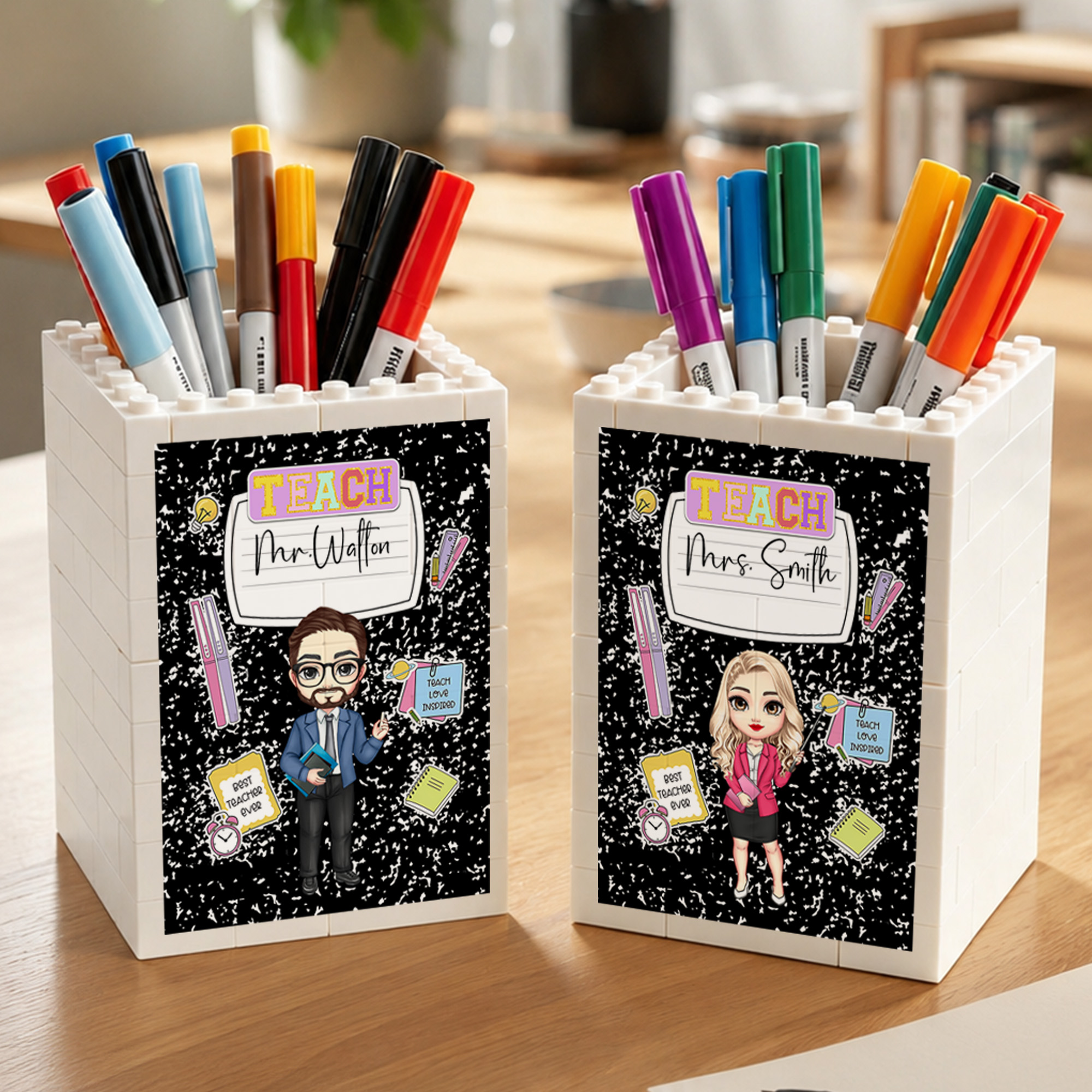 Personalisierter „Teach Love Inspired“-Baustein-Stifthalter mit Schriftzug – Schreibtischdekoration, Geschenk zum Schulanfang und zum Lehrertag für Pädagogen