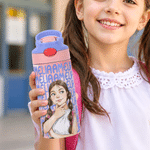 Personalised Watercolour Style Photo 12 oz Insulated Water Bottle with Name and Straw Daily Use Back to School Birthday Gift for Kids Boys Girls