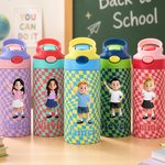 Personalised Cartoon Character Multicolour Checkerboard 12 oz Insulated Kid Water Bottle with Name Birthday Back to School Gift for Boys Girls