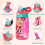 Personalized Multicolor Cartoon Character Kid Water Bottle with Name and Silicone Straw Birthday Back to School Gift for Boys Girls Kids