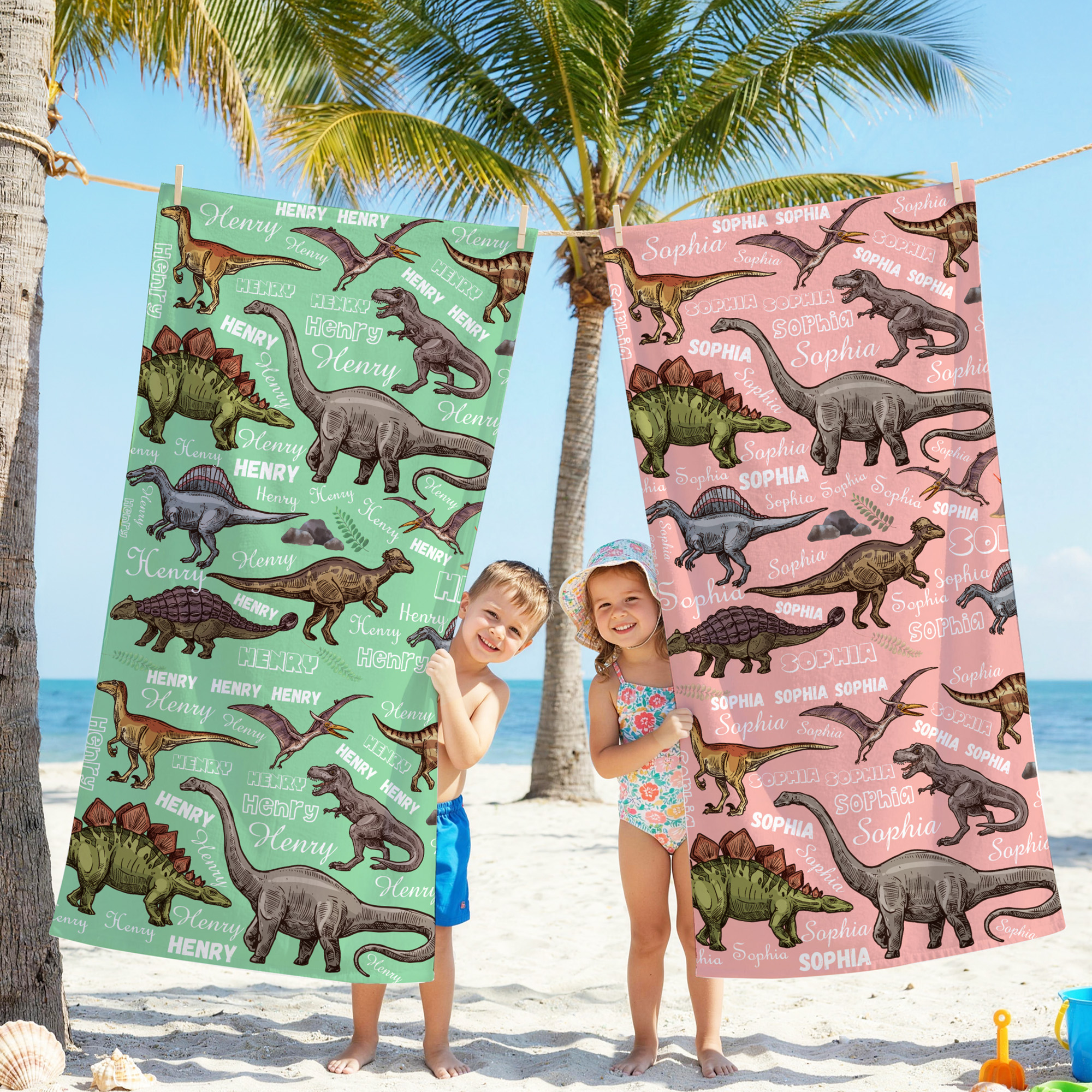 Individuell gestaltetes, farbenfrohes, weiches, schnell trocknendes, übergroßes Strandtuch mit Dinosaurier-Motiv und Namensaufdruck – das perfekte Geschenk für Strandurlaub, Reisen oder zum Geburtstag