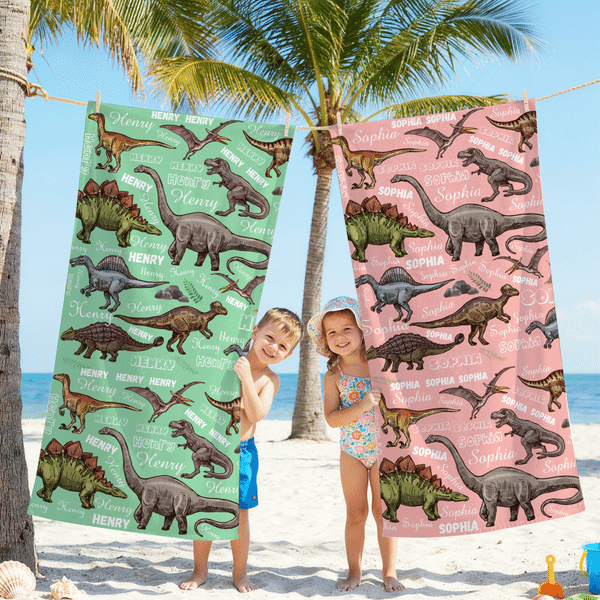 Personalised Colourful Dinosaur Soft Quick Drying Oversized Beach Towel with Name Beach Vacation Travel Birthday Gift for Kid