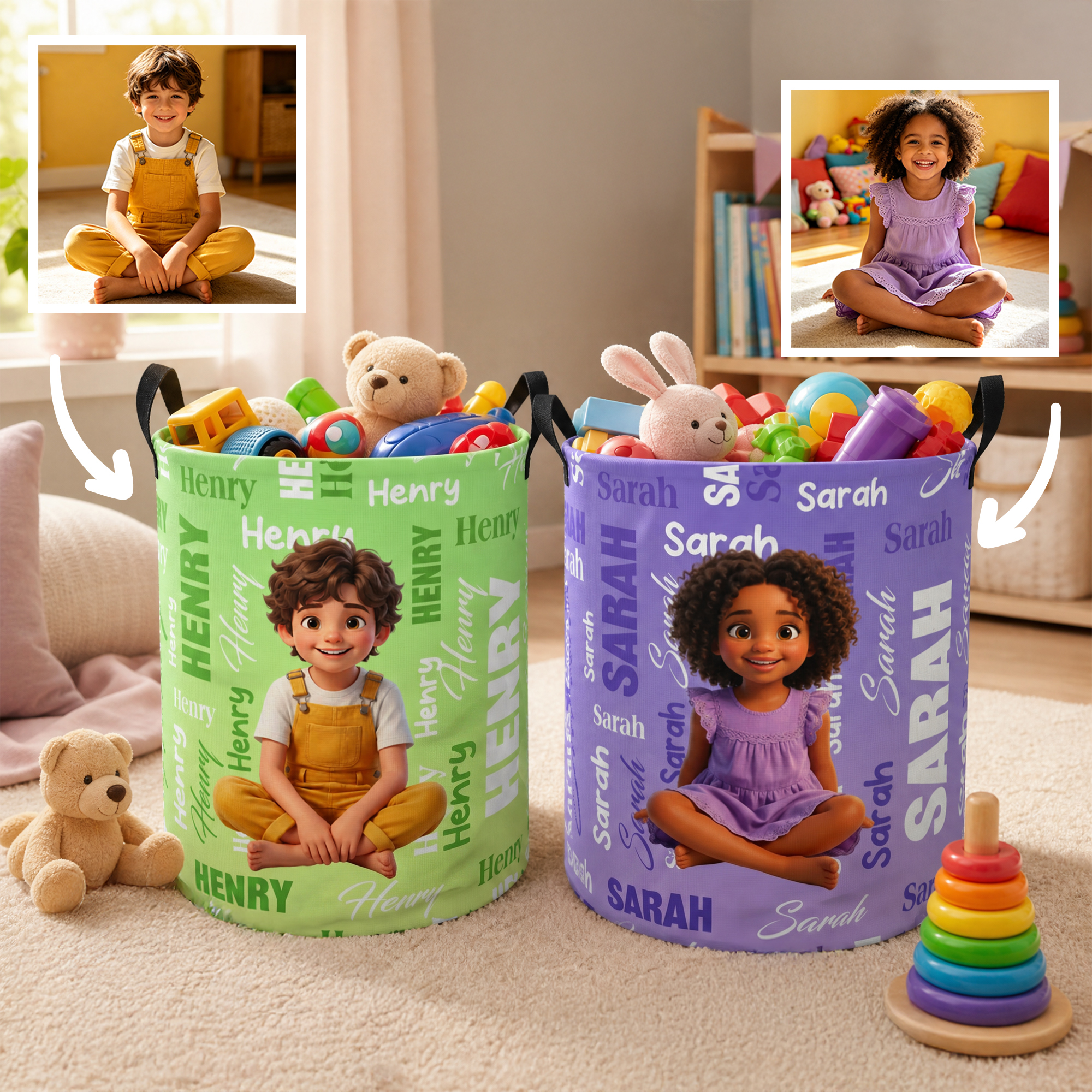 Individuell gestalteter Wäschekorb mit Cartoon-Figur, Fotowortwolke, Namen und Tragegriffen – als Geschenk zum Schulanfang oder Geburtstag für Kinder