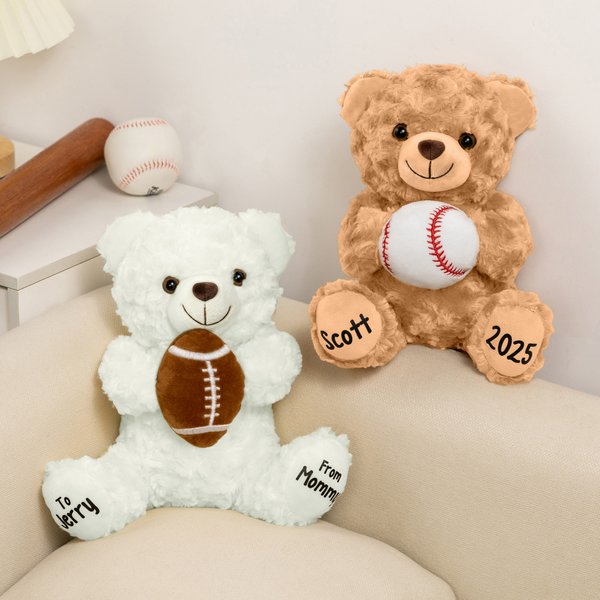 Personalised Sports Ball Cute Bear Soft Stuffed Plush Toy with Texts Valentine’s Day Birthday Gift for Boys Girls Sports Lovers