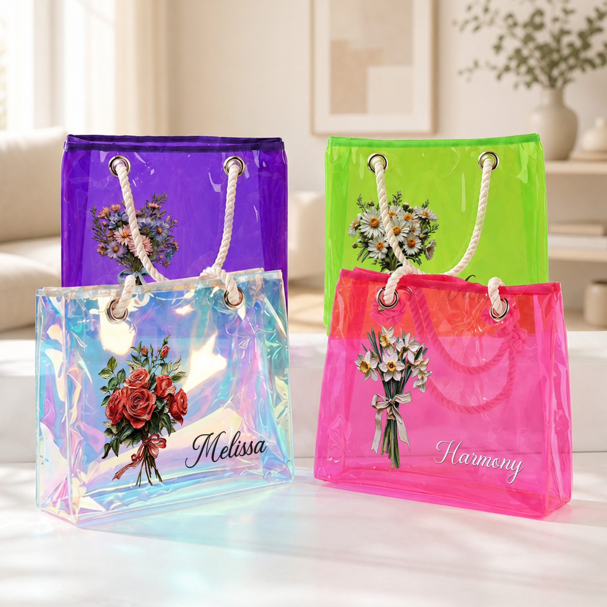 Personalisierte, holografische, transparente Tragetasche im Ölgemälde-Stil mit Geburtsblume und Namen – als Geschenk für Strandpartys, Reisen, Feiertage und Geburtstage für Frauen