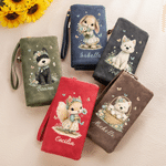 Personalised Cartoon Animal Dog Rabbit Tri-Fold PU Leather Wristlet Purse with Card Holder and Name Birthday Anniversary Gift for Mother Sister Woman