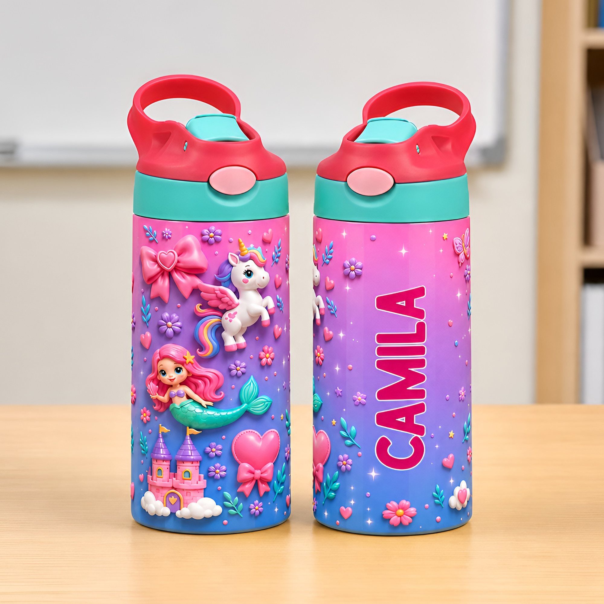 Personalisierte Fantasy-Einhorn-Meerjungfrau-Isolierflasche (12 oz) mit Namen und Trinkhalm – für den täglichen Gebrauch, zum Schulanfang, als Geburtstagsgeschenk für Jungen, Mädchen und Kinder