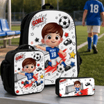 Personalized Soccer Theme 3D Cartoon Character Backpack Lunch Bag Pencil Case with Name Back to School Set of 3 Birthday Gift for Boys Girls