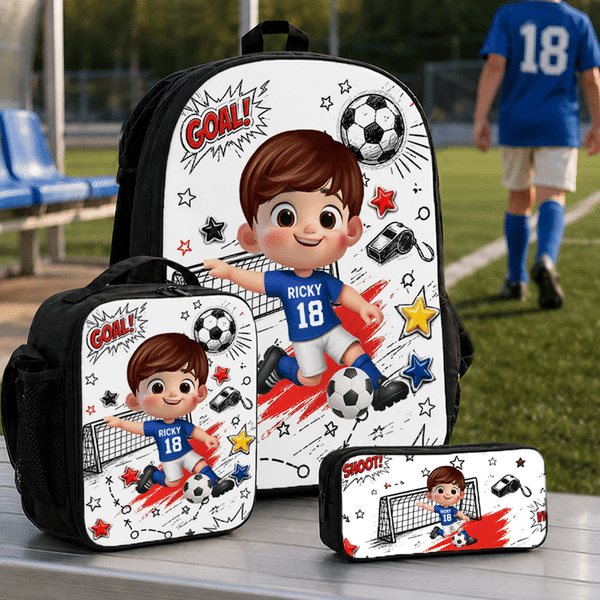 Personalized Soccer Theme 3D Cartoon Character Backpack Lunch Bag Pencil Case with Name Back to School Set of 3 Birthday Gift for Boys Girls
