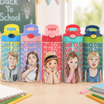 Personalised Watercolour Style Photo 12 oz Insulated Water Bottle with Name and Straw Daily Use Back to School Birthday Gift for Kids Boys Girls