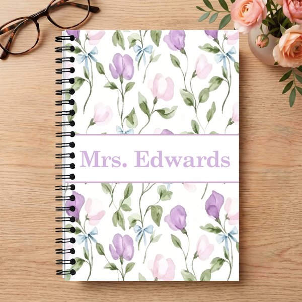 Personalized Watercolor Floral Spiral Notebook with Text Recording Accessory Teacher's Day Appreciation Birthday Gift for Teachers