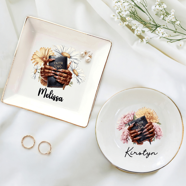 Personalized Birth Flower Nail Art Bible Faith Ceramic Circle Square Jewellery Dish with Name Daily Use Birthday Gift for Black Christian Woman