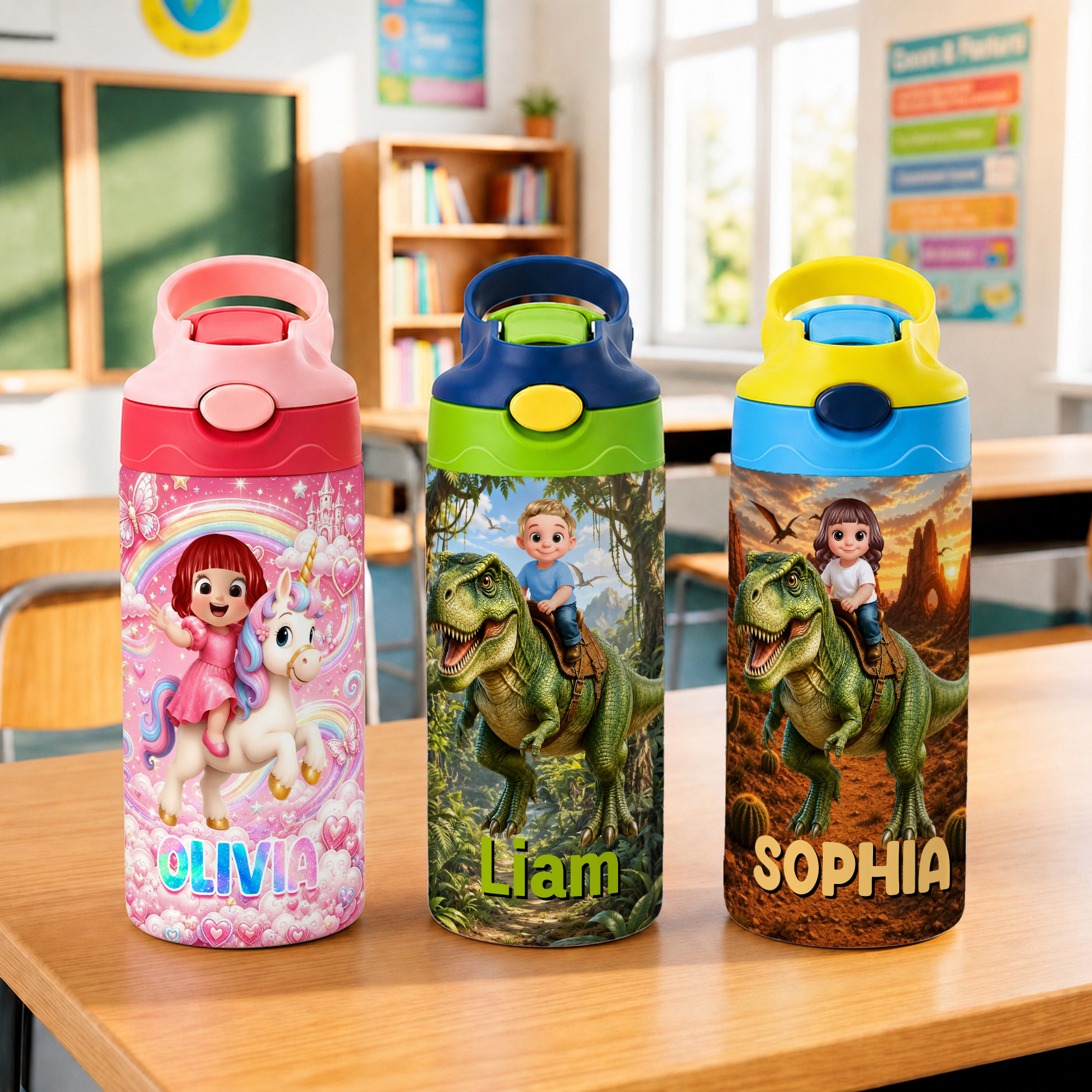 Personalisierte „Fantasy Unicorn Dinosaur“-Isolierflasche (12 oz) mit Namen – Geschenk zum Schulanfang oder Geburtstag für Kinder