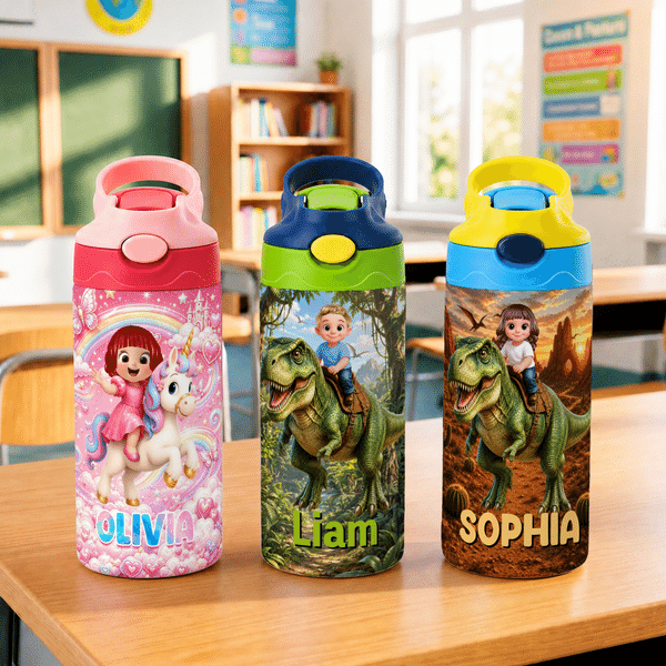 Personalized Fantasy Unicorn Dinosaur 12 oz Insulated Water Bottle with Name Back to School Birthday Gift for Kid