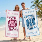 Personalised King Queen Playing Card Colourful Quick Dry Beach Towel with Title and Surname Birthday Honeymoon Anniversary Gift for Bride Groom Couple