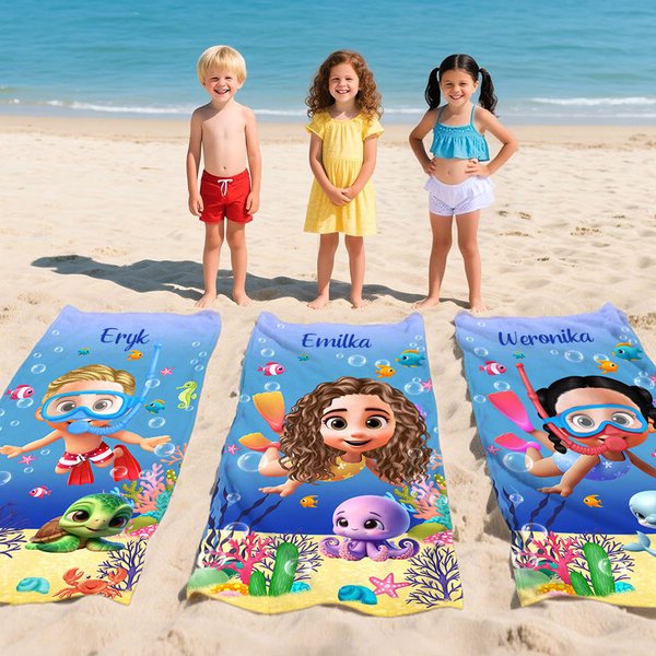 Personalizowany szybkoschnący ręcznik plażowy z imieniem i motywem zwierząt morskich 3D prezent na wakacje dla dzieci
