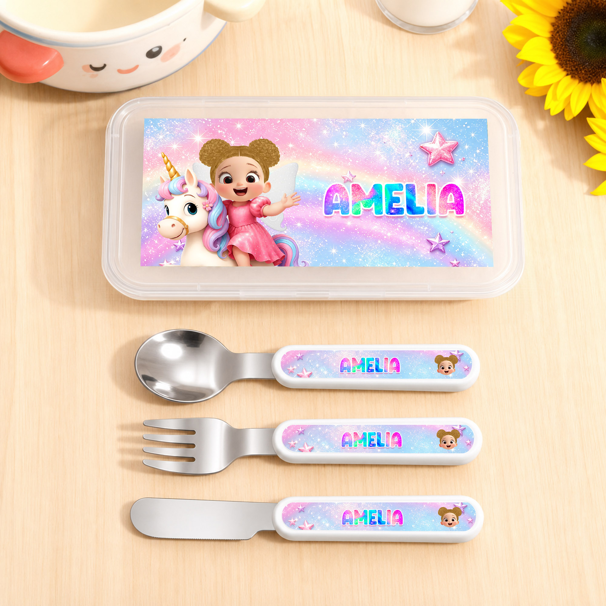 Personalisiertes Fantasy-Einhorn-Dinosaurier-Besteckset aus Edelstahl (3-teilig: Gabel, Löffel, Messer) mit Namen und Etui – Geschenk zum Schulanfang oder Geburtstag für Kinder