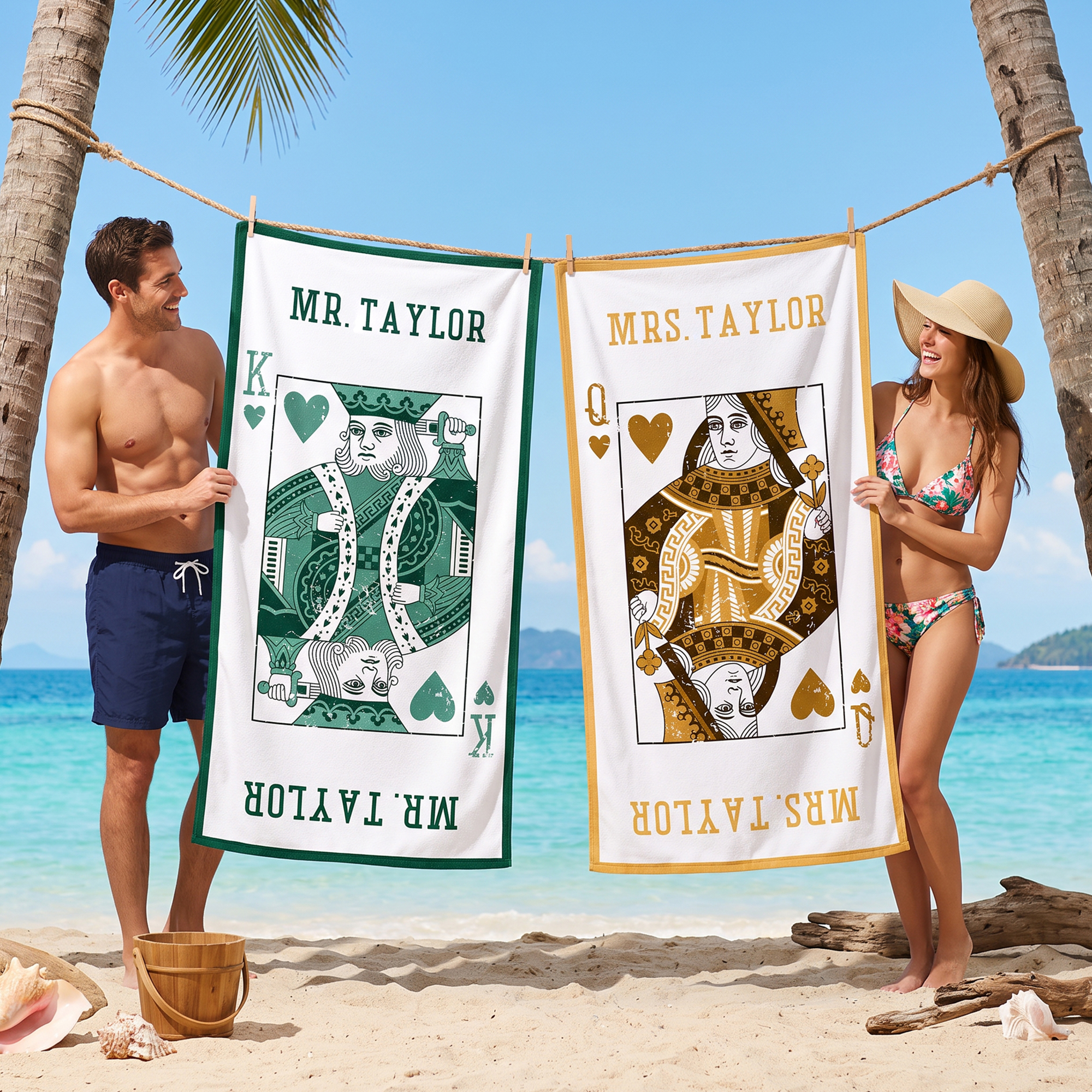 Individuell gestaltetes, farbenfrohes, schnell trocknendes Strandtuch im King-Queen-Spielkarten-Design mit Vor- und Nachnamen – Geburtstags-, Flitterwochen- oder Jubiläumsgeschenk für Braut, Bräutigam