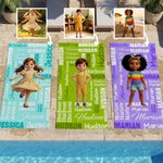 Individuell gestaltetes Strandtuch im Cartoon-Stil mit Wortwolke, schnell trocknend, übergroß, mit Namen – Sommerreise- und Geburtstagsgeschenk für Kinder und die ganze Familie