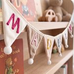 Personalised Multicolour Name Hangable Triangle Banner Pennant with Fluff Balls Home Decor Birthday Baby Shower Gift for Kids Parents