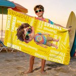Individuell gestaltetes Strandtuch im Cartoon-Stil mit Wortwolke, schnell trocknend, übergroß, mit Namen – Sommerreise- und Geburtstagsgeschenk für Kinder und die ganze Familie