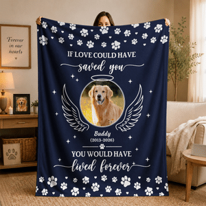 Gepersonaliseerde zachte plaid met foto van een huisdier, pootafdruk en engelenvleugels, met naam en tekst – Woonaccessoire, verjaardagscadeau of herdenkingscadeau voor huisdierliefhebbers
