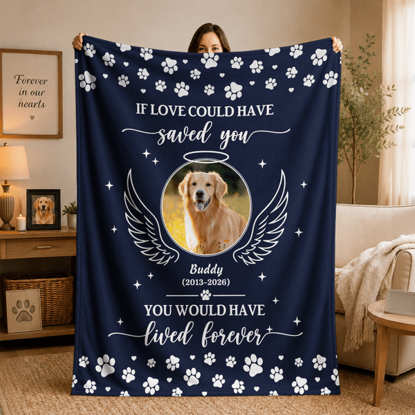 Personalized Angel Wing Paw Print Pet Photo Soft Throw Blanket with Name and Text Home Decor Birthday Pet Memorial Gift for Pet Lovers
