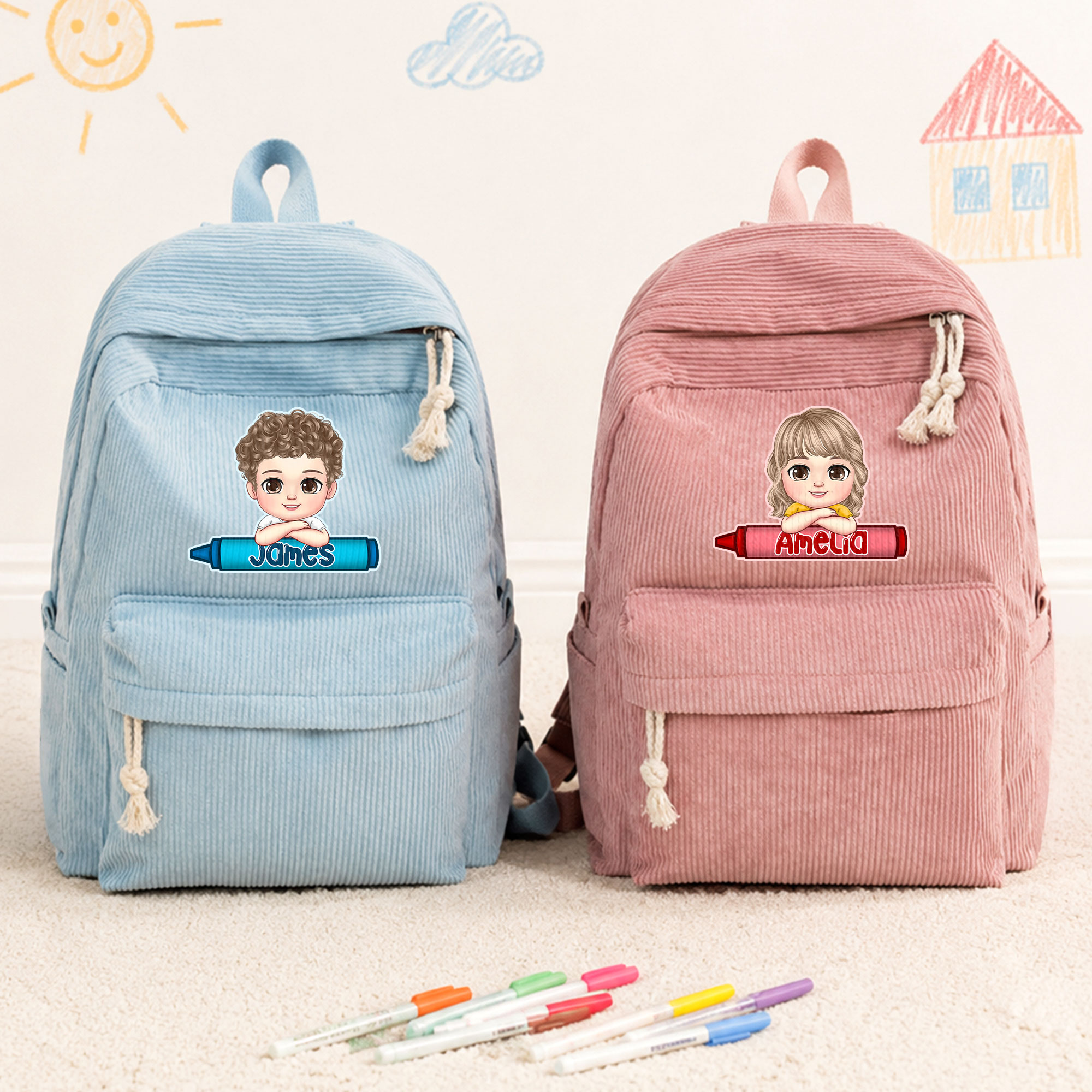 Individuell gestalteter Rucksack aus mehrfarbigem Cord mit Cartoon-Figur und Namensaufdruck – für den täglichen Gebrauch, als Geburtstags- oder Schulanfangsgeschenk für Kinder und Kleinkinder