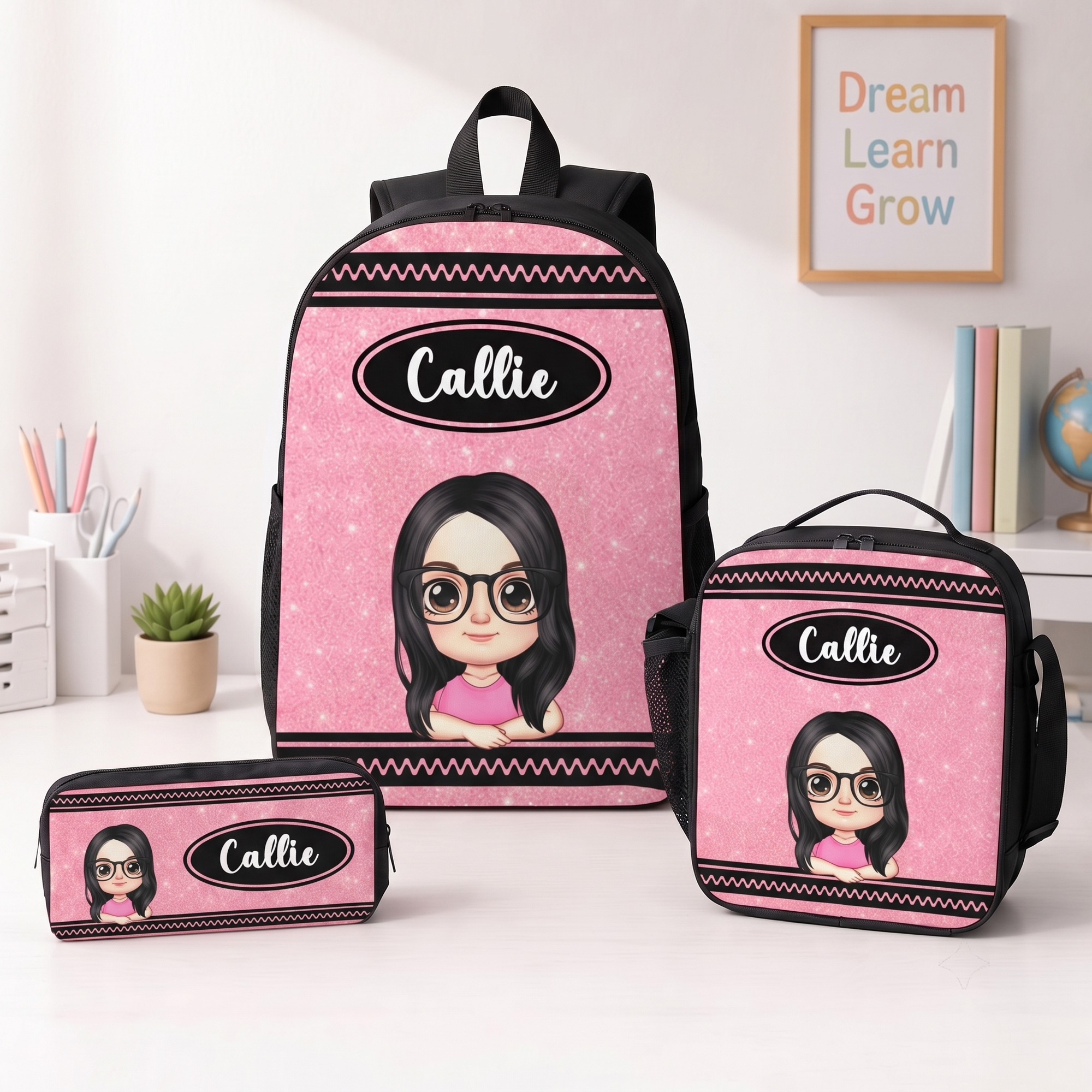 Personalisiertes 3er-Set aus Rucksack, Brotdose und Federmäppchen mit Farbverlauf, Pailletten und Cartoon-Figuren für Kinder, mit Namensaufdruck – Schulanfangs- und Geburtstagsgeschenk für Jungen und