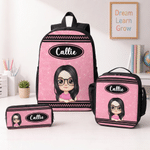 Personalized Gradient Sequin Cartoon Kid Character Backpack Lunch Bag Pencil Case Set of 3 with Name Back to School Birthday Gift for Boys Girls