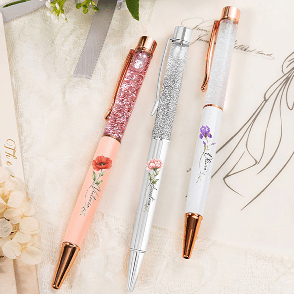 Personalised Birth Flower Glitter Dynamic Liquid Sand Ballpoint Pen with Name Office Supplies 2 Pcs Teacher's Day Gift for Teacher