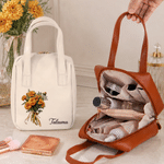 Personalised Oil Painting Style Birth Flower PU Leather Makeup Bag with Handle and Name Travel Accessories Birthday Gift for Women Girls