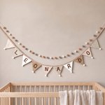 Personalised Multicolour Name Hangable Triangle Banner Pennant with Fluff Balls Home Decor Birthday Baby Shower Gift for Kids Parents