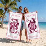 Personalised King Queen Playing Card Colourful Quick Dry Beach Towel with Title and Surname Birthday Honeymoon Anniversary Gift for Bride Groom Couple