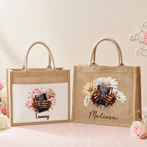 Personalized Black Girl Nail Art Birth Flower Large Jute Tote Bag with Name Birthday Anniversary Baptism Gift for Christian