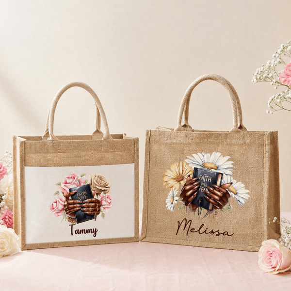 Personalized Black Girl Nail Art Birth Flower Large Jute Tote Bag with Name Birthday Anniversary Baptism Gift for Christian