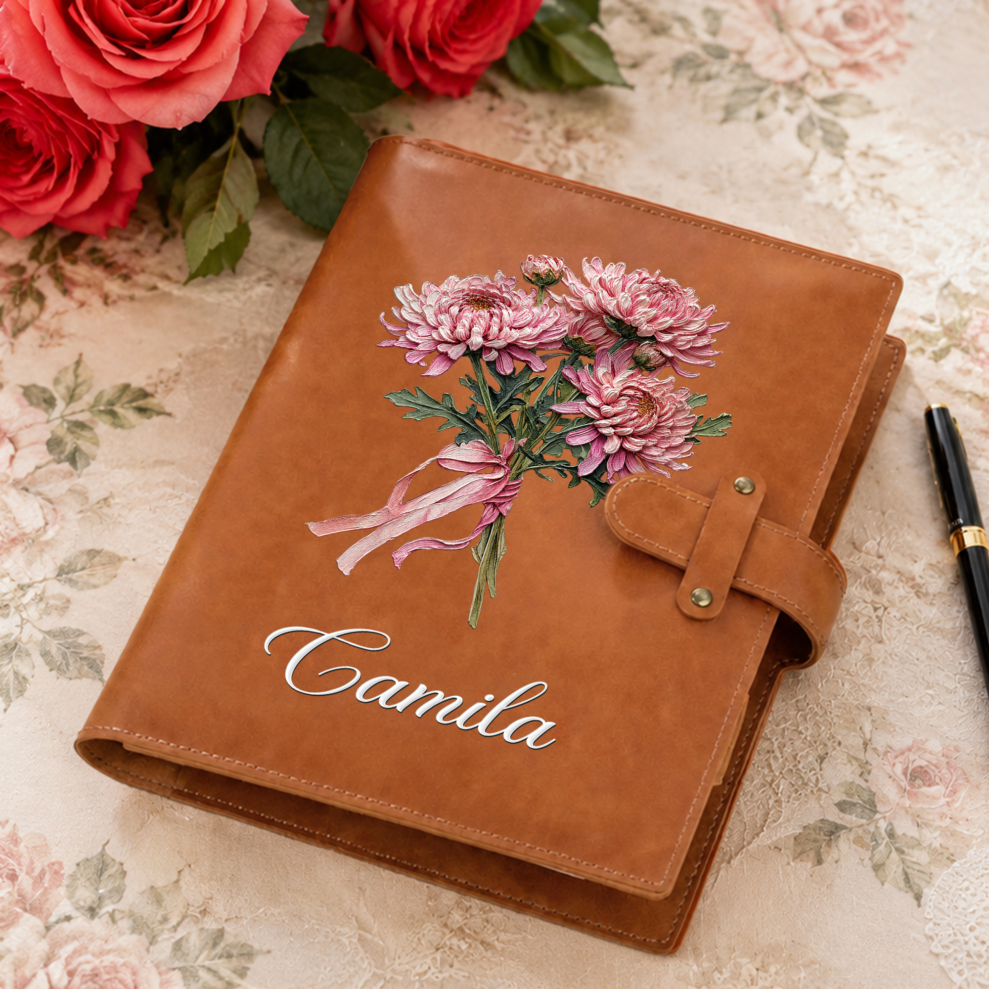 Individuell gestaltete A5-Notizbuchhülle aus PU-Leder im Ölgemälde-Stil mit Geburtsblume und Namen – für den täglichen Gebrauch auf Reisen, als Geburtstagsgeschenk für Frauen, Schriftstellerinnen und